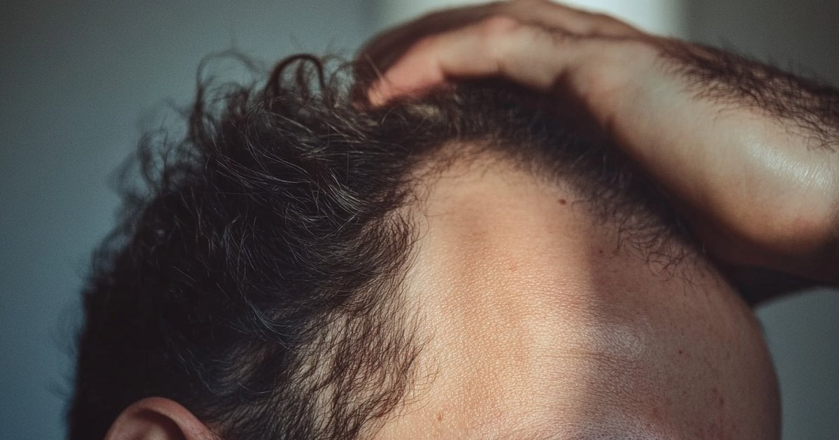 Homme portant la main à ses cheveux, révélant un dégarnissement visible du front et de la ligne temporale