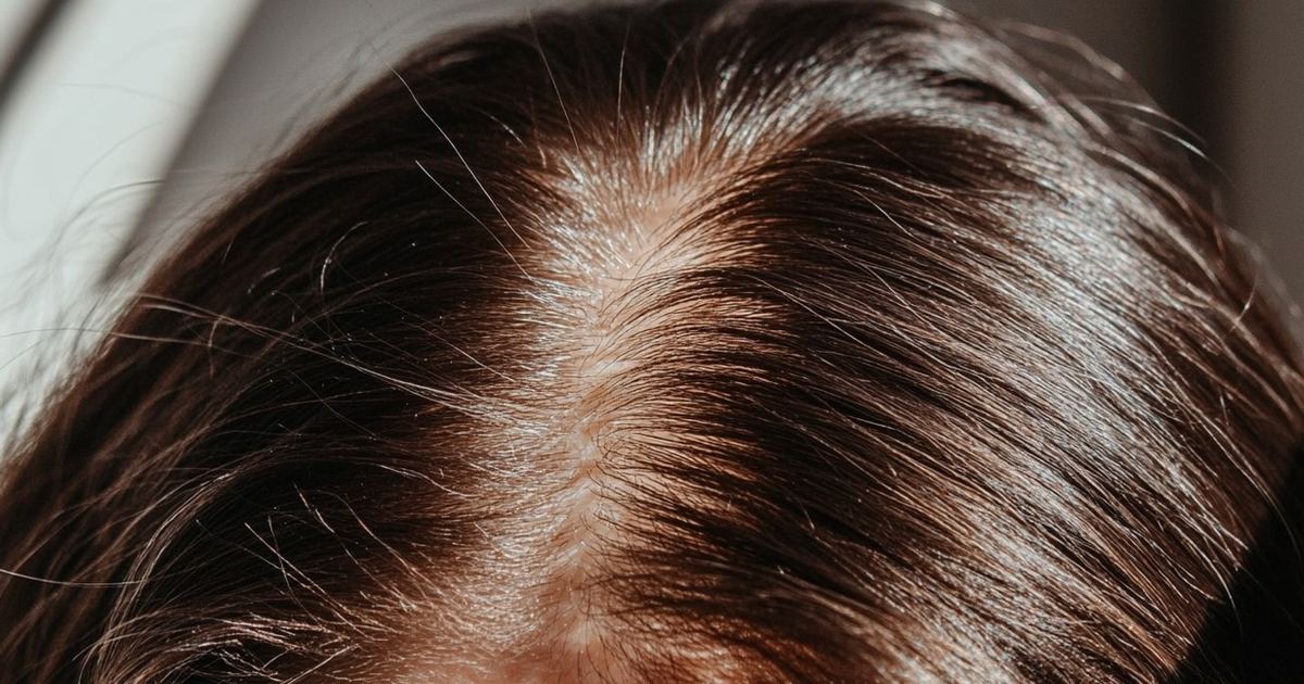 Cuir chevelu féminin de profil, raie médiane élargie sur cheveux bruns