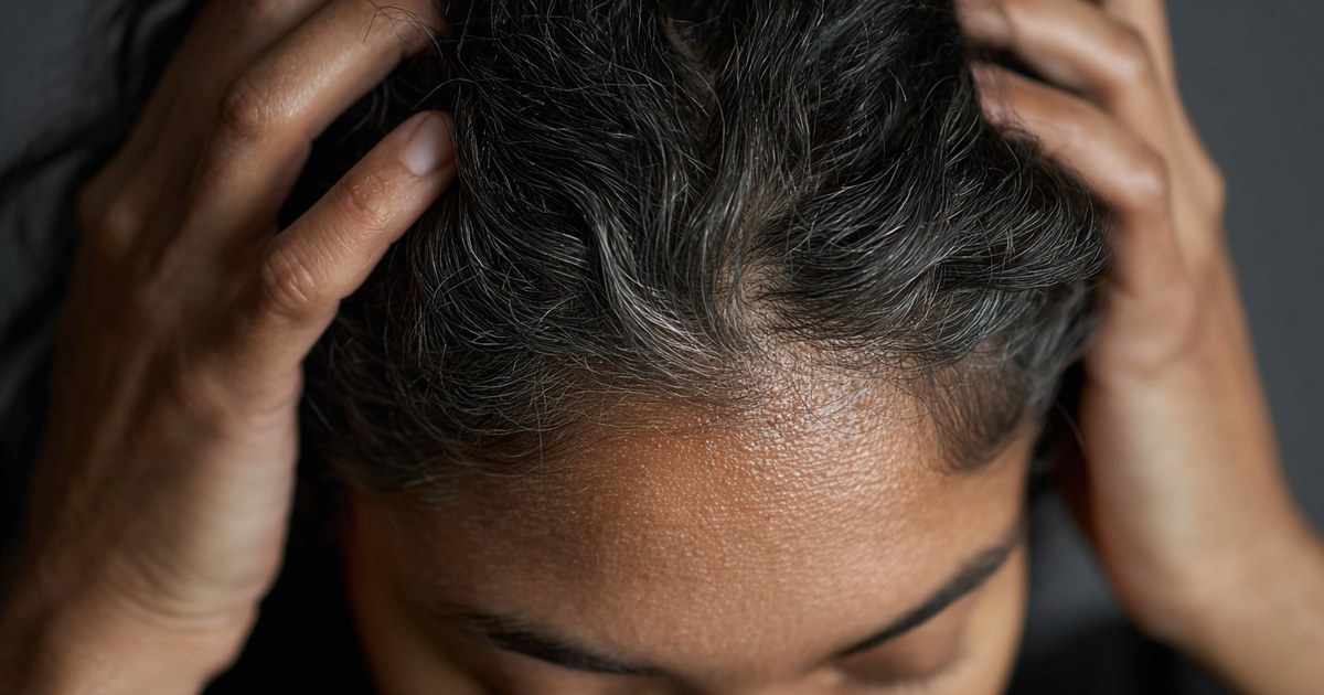 Gros plan sur un cuir chevelu à la raie et aux tempes, cheveux poivre et sel écartés par les mains