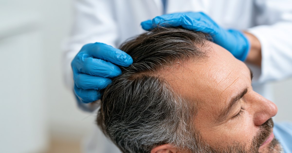 Un spécialiste examine à mains gantées le cuir chevelu et la racine des cheveux d'un patient lors d'un diagnostic capillaire