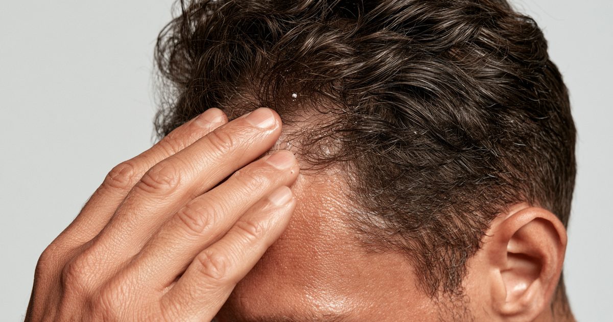 Homme aux cheveux bruns bouclés touchant sa tempe et sa racine des cheveux, dégradé sur les côtés