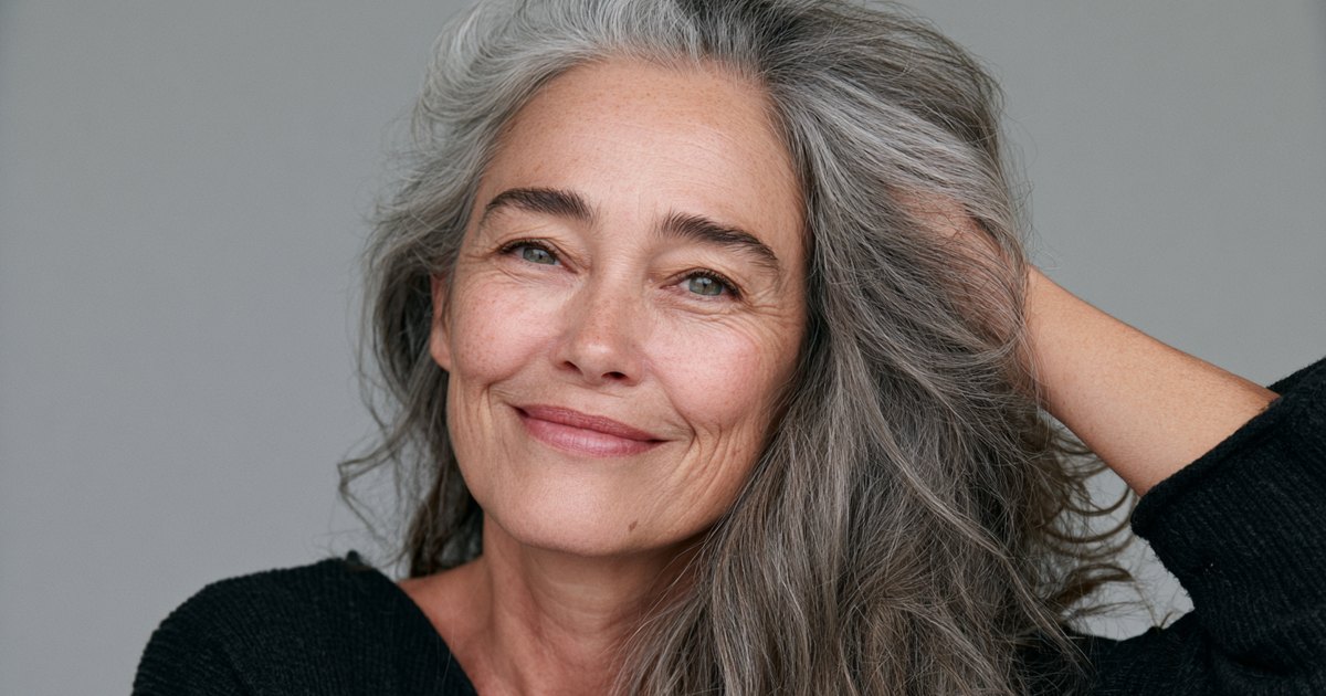 Femme aux longs cheveux gris abondants, souriante, passant une main dans sa chevelure sur fond gris