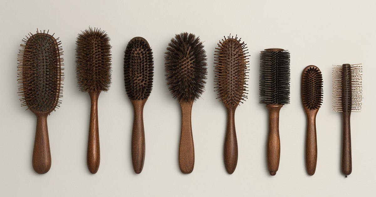 Neuf brosses à cheveux en bois alignées, à picots et à poils de sanglier