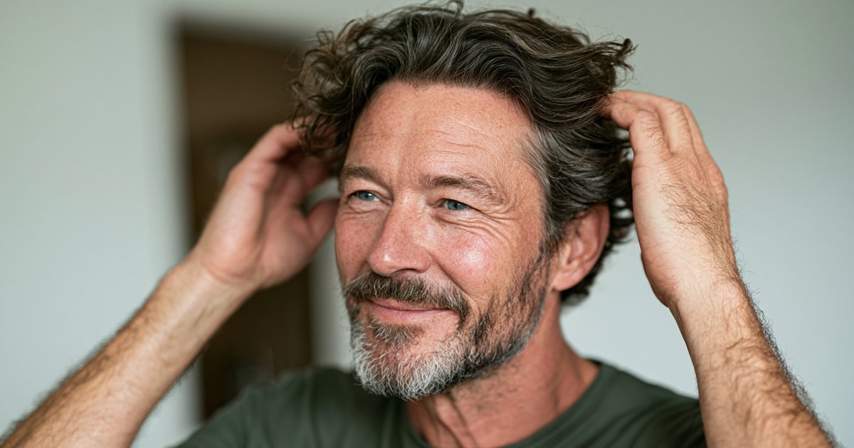Homme d'une cinquantaine d'années souriant, passant les deux mains dans ses cheveux bouclés poivre et sel