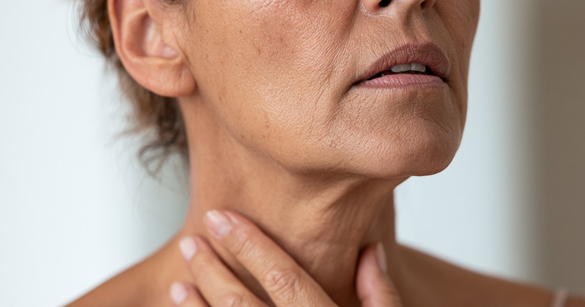 Femme d'âge mûr posant la main sur l'avant de son cou, à l'emplacement de la thyroïde