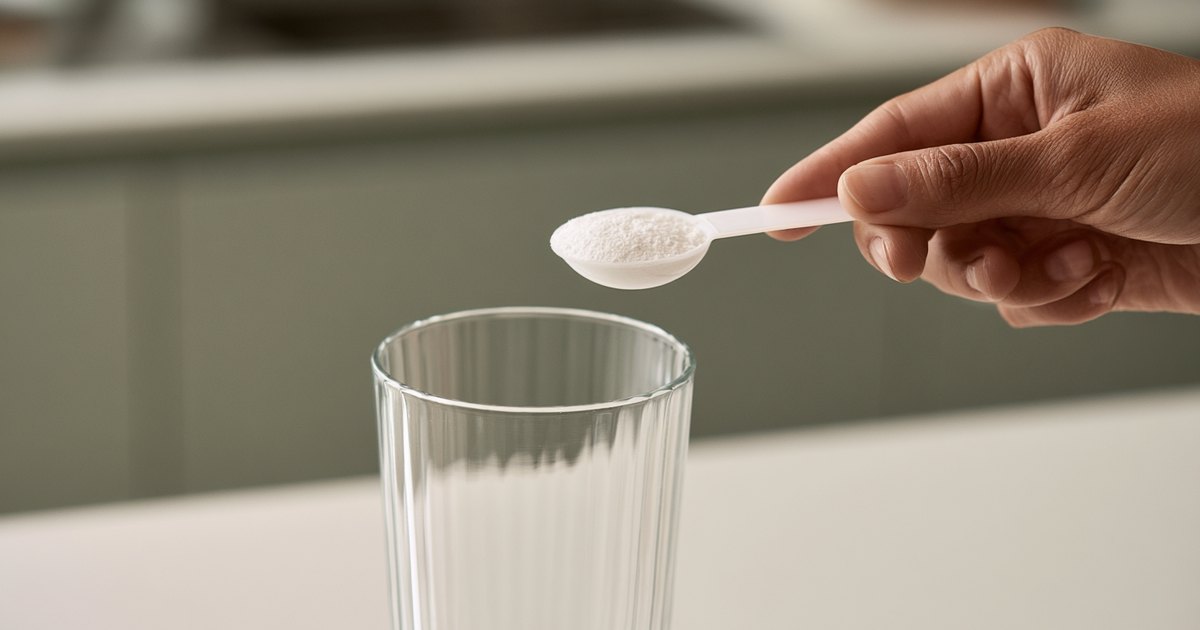 Une main verse une dose de poudre de collagène dans un grand verre, sur un plan de travail de cuisine