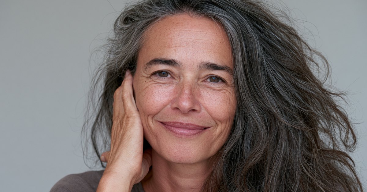Femme aux longs cheveux poivre et sel souriante, une main près du visage