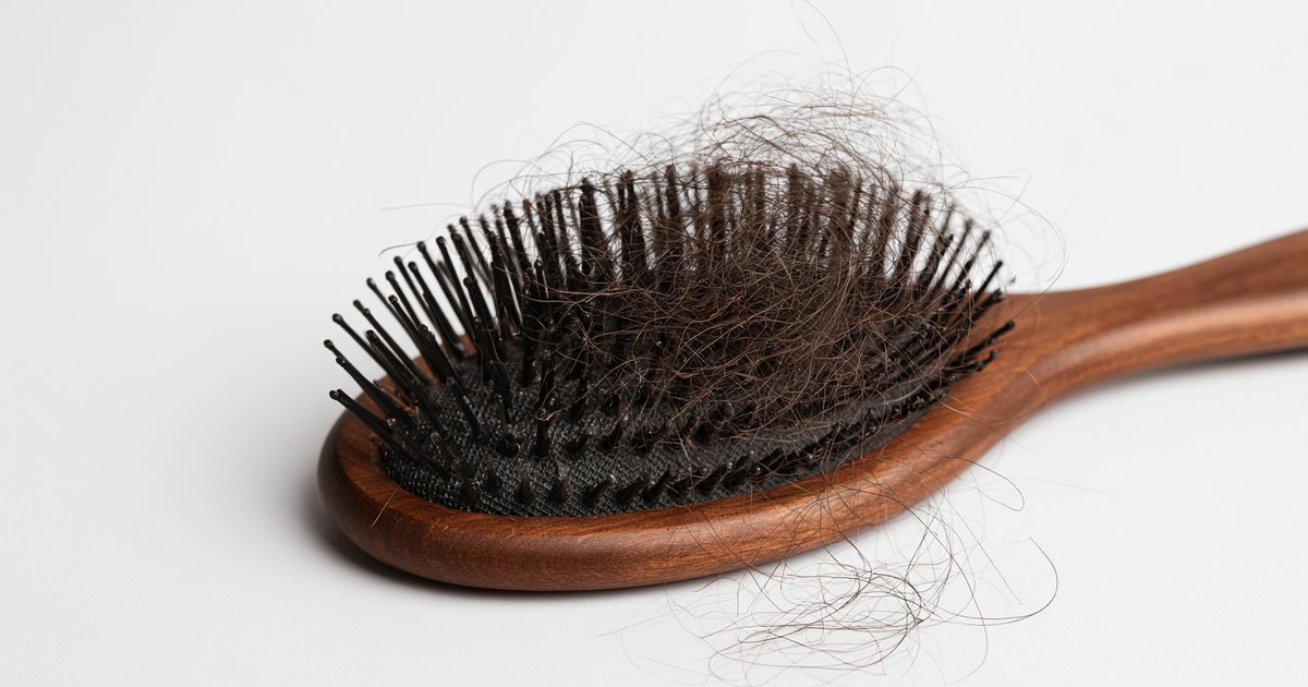 Brosse à cheveux en bois retenant une touffe de cheveux bruns fins, sur fond blanc