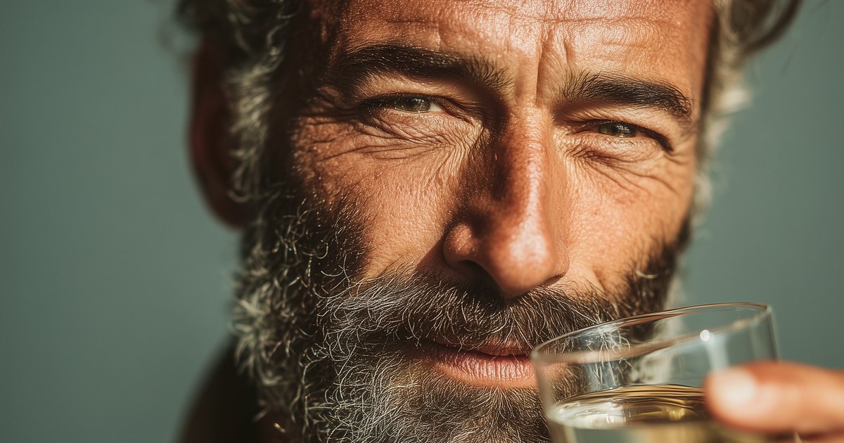 Homme d'une cinquantaine d'années buvant un verre d'eau, en pleine lumière