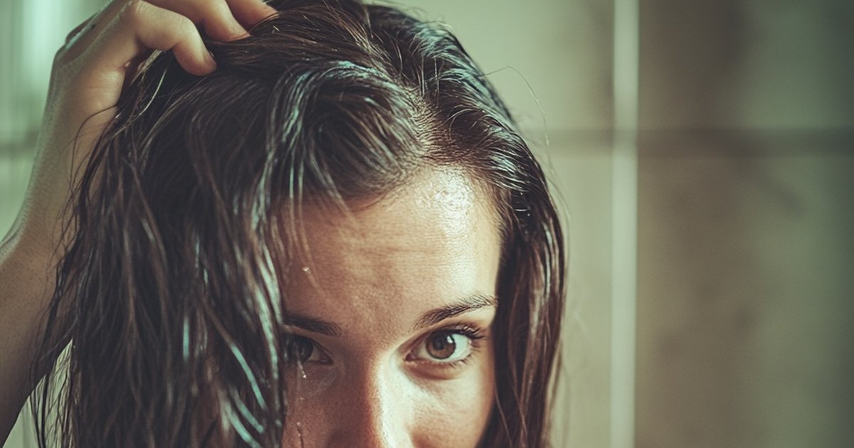 Jeune femme aux cheveux mouillés après la douche, une main dans les cheveux, attentive à son cuir chevelu
