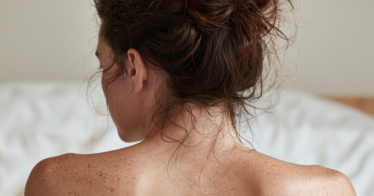 Femme de dos, chignon lâche brun, allongée sur un oreiller blanc