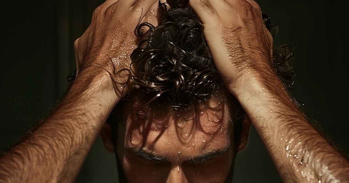Homme sous la douche, les mains posées sur ses cheveux bouclés mouillés