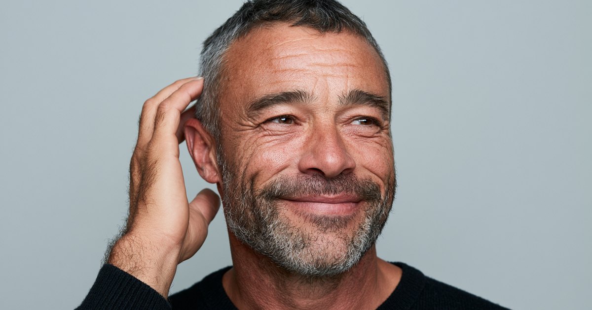Homme aux cheveux courts poivre et sel, souriant, une main passée dans les cheveux