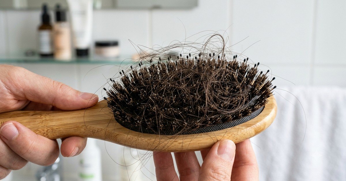Poignée de cheveux tombés retenus dans une main, illustrant la chute diffuse et soudaine de l'effluvium télogène.