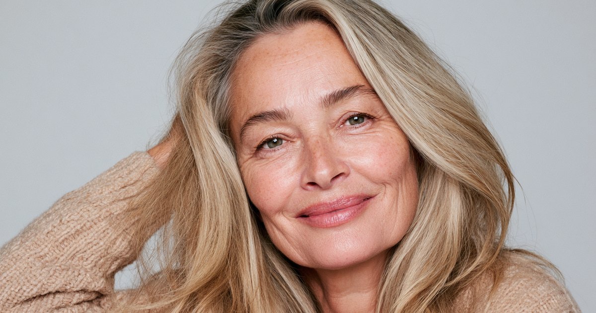 Femme d’une cinquantaine d’années souriante, cheveux blonds longs et denses, main dans les cheveux, sur fond gris clair