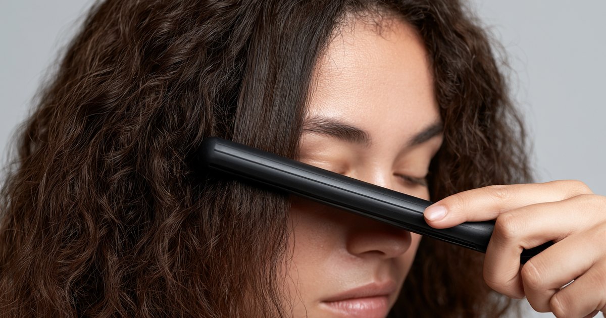 Femme aux cheveux bouclés bruns passant un fer à lisser sur une mèche