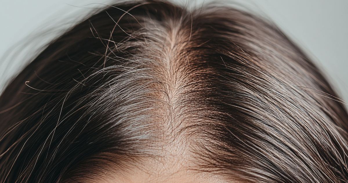 Cuir chevelu féminin vu de dessus au niveau de la raie : implantation des cheveux et peau visible entre les tiges