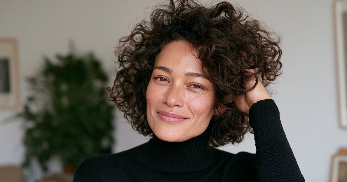 Femme brune aux cheveux bouclés courts, souriante, une main passée dans ses cheveux