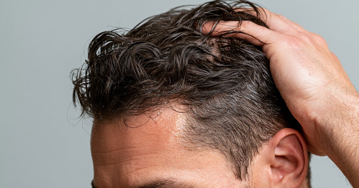 Homme massant son cuir chevelu avec une huile capillaire, cheveux imprégnés