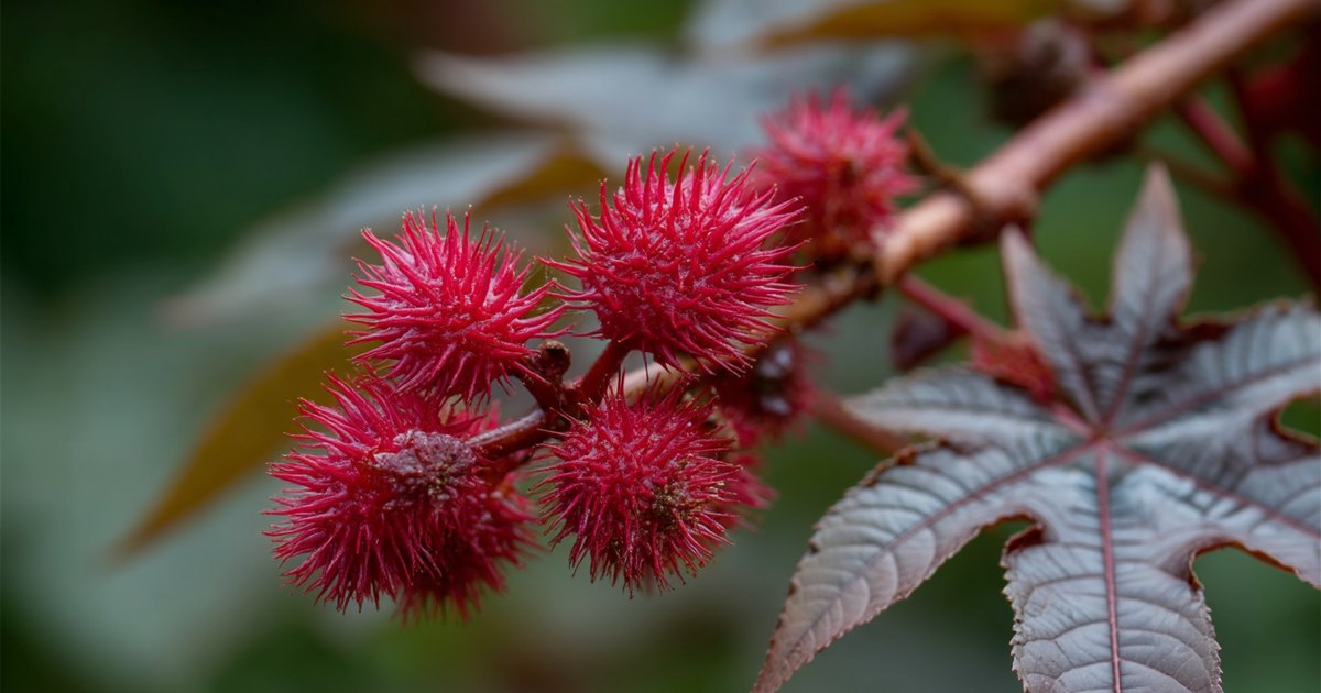 Capsules épineuses rouges du ricin (Ricinus communis), dont les graines donnent l'huile