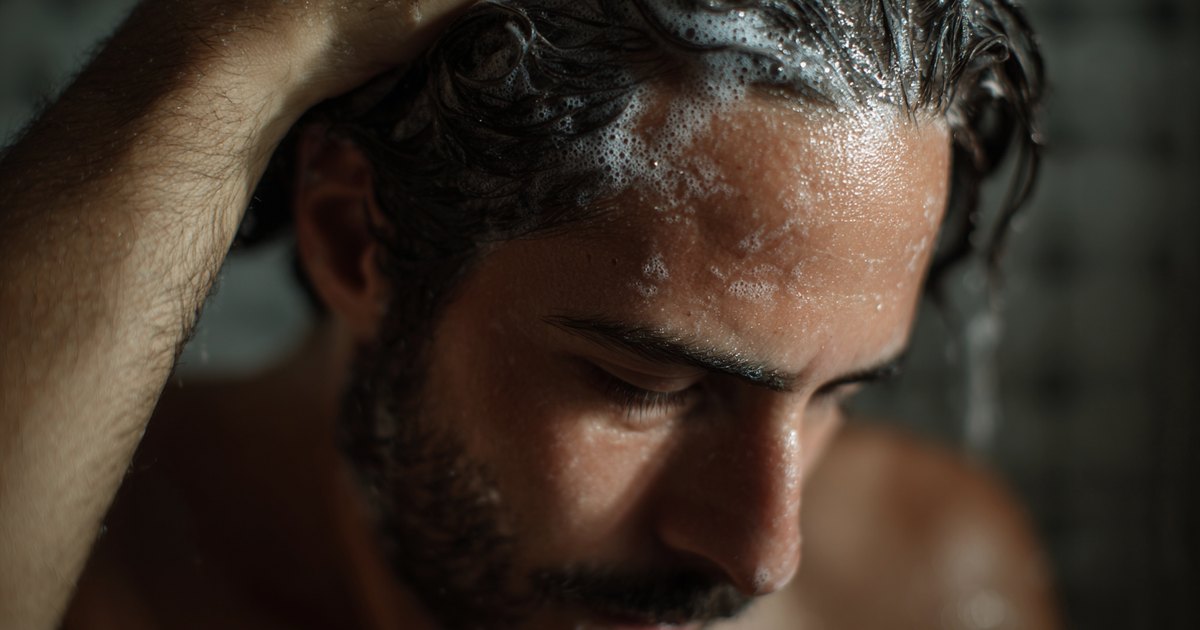Homme massant son cuir chevelu au shampoing, geste de soin apaisant