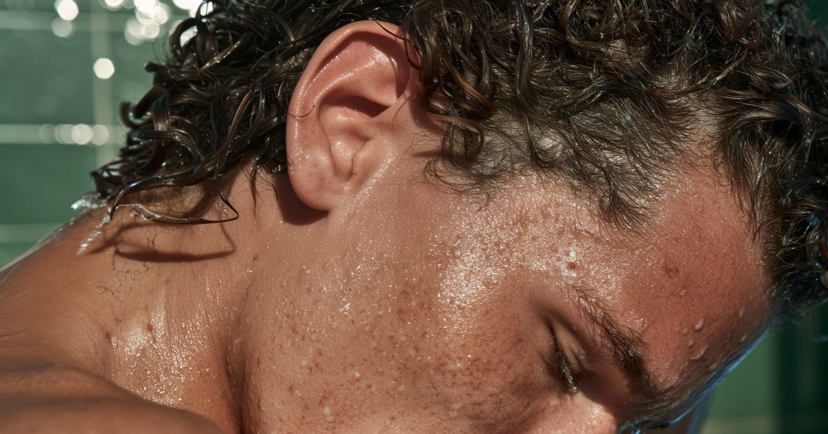 Gros plan d’un homme d’une trentaine d’années sous la douche, cheveux bouclés mouillés, gouttes d’eau sur le visage et l’épaule.