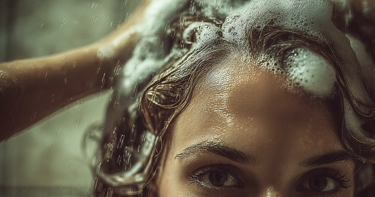 Femme sous la douche, une main dans les cheveux, mousse de shampooing sur le cuir chevelu, regard vers l'objectif