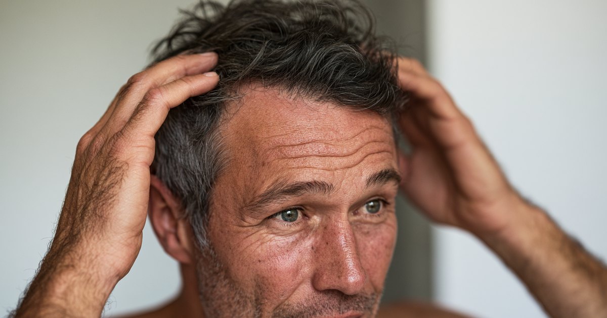 Homme d'âge mûr passant les deux mains dans ses cheveux au niveau des golfes frontaux