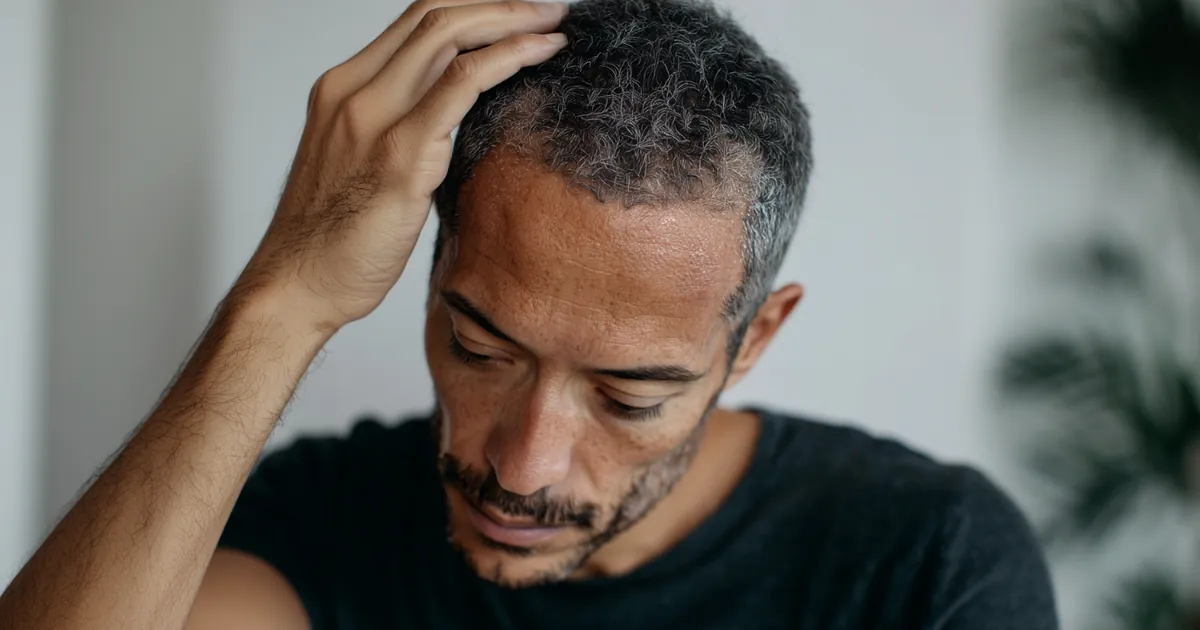 Homme à la chevelure clairsemée s'interrogeant sur les traitements de la chute de cheveux