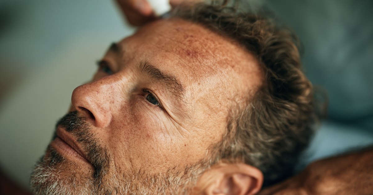 Gros plan d'un homme d'une cinquantaine d'années de profil pendant une séance de microneedling du cuir chevelu chez un praticien.