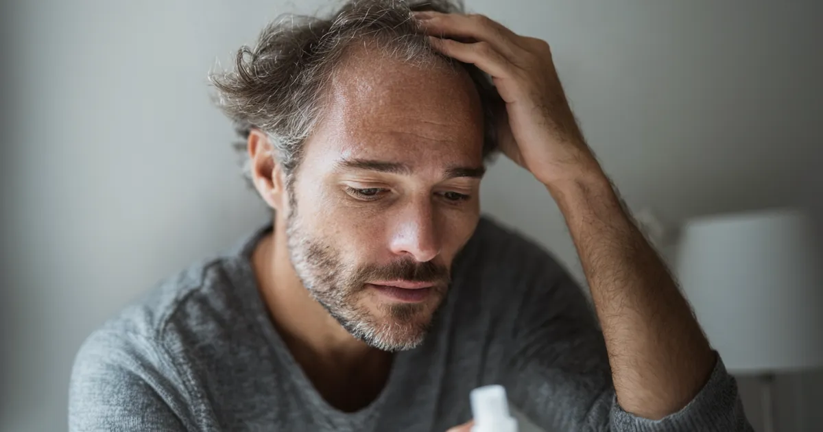 Homme à la chevelure clairsemée tenant un flacon de minoxidil en spray