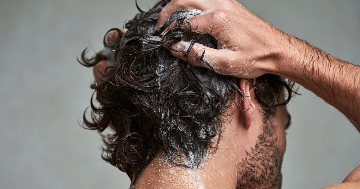 Homme de dos se lavant les cheveux, les doigts enfoncés dans une chevelure brune bouclée couverte de mousse, massant le cuir chevelu