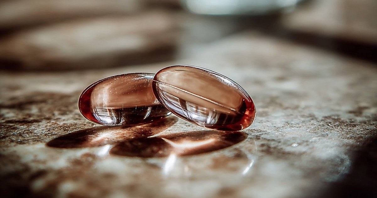 Deux capsules d'huile de poisson translucides ambrées posées sur une surface en marbre, avec un verre d'eau en arrière-plan