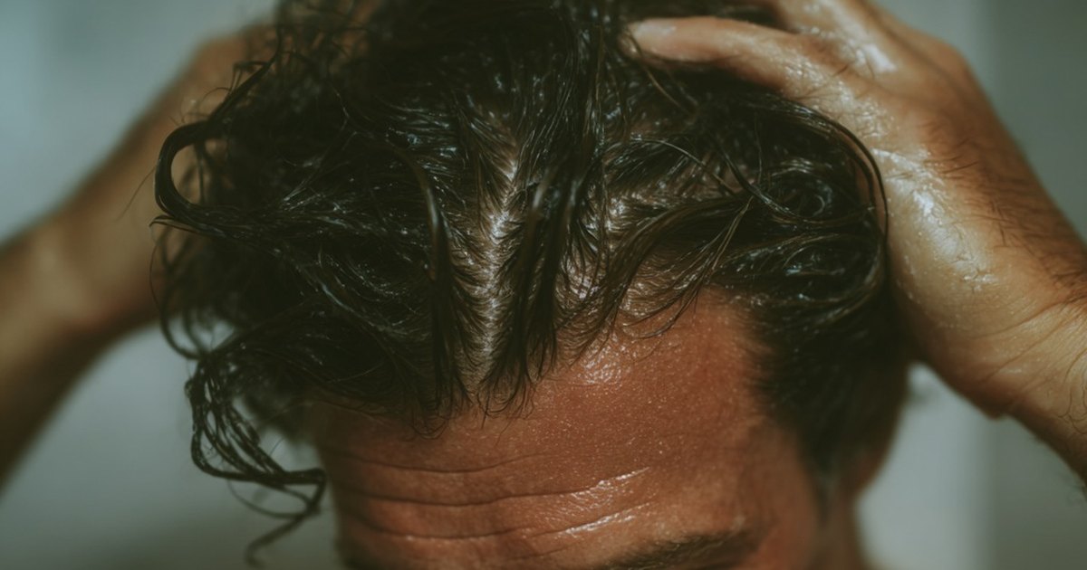 Homme aux cheveux bruns mouillés se massant le cuir chevelu à deux mains sous la douche, racines et ligne frontale dégagées