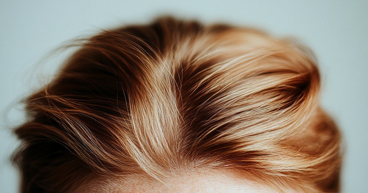 Sommet du crâne d'une femme vu de dessus, raie centrale et racines des cheveux nettes