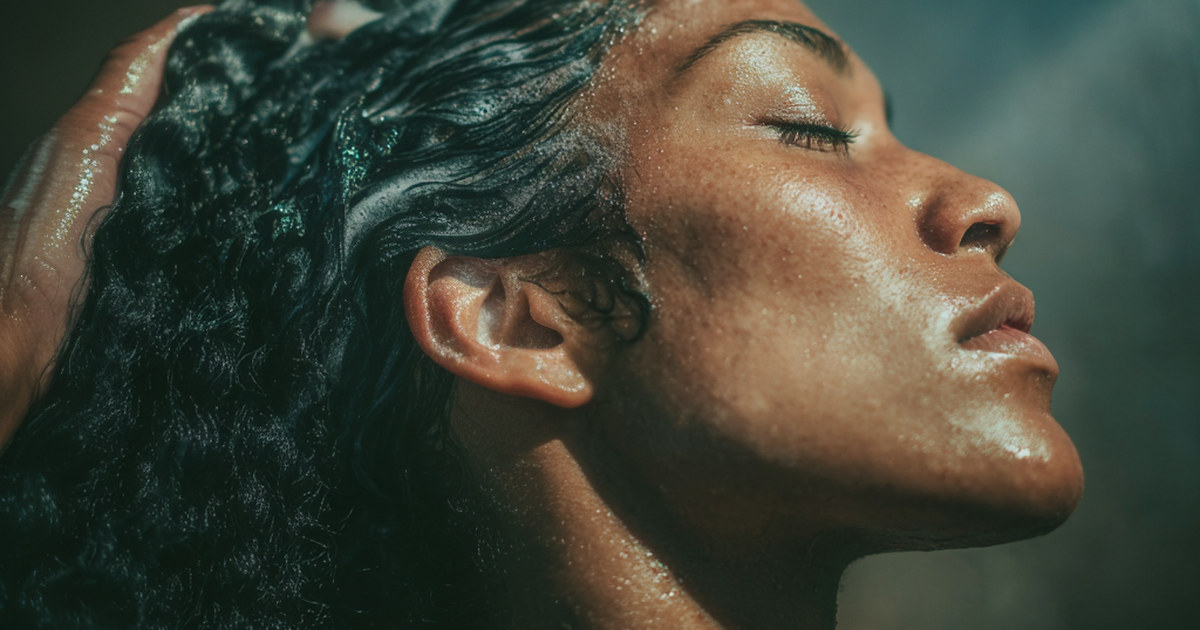 Femme se massant le cuir chevelu sous la douche, cheveux mouillés et mousse de shampooing