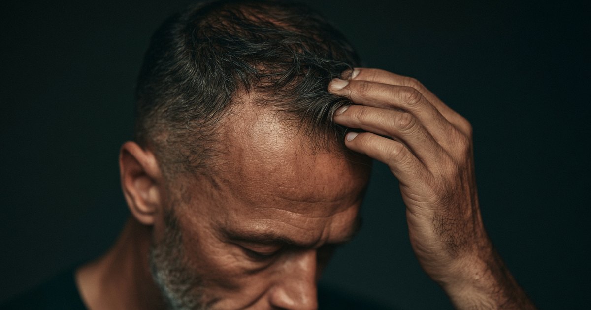 Homme d’âge mûr passant la main dans ses cheveux clairsemés au niveau des golfes frontaux