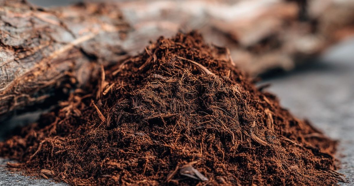 Écorce rugueuse de Prunus africana, le prunier d'Afrique, et petit tas de poudre brune d'extrait de pygeum au premier plan