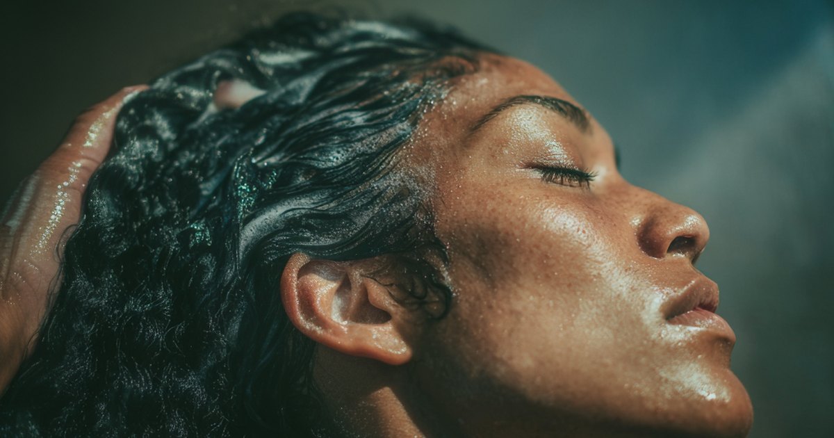 Femme aux cheveux mouillés se massant le cuir chevelu pendant un shampooing, illustrant le temps de contact nécessaire à la pénétration des actifs.