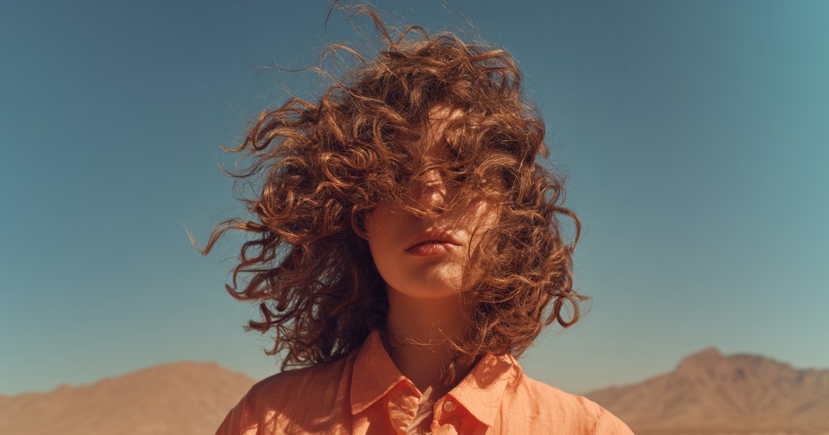 Jeune femme aux cheveux bouclés châtains balayés par le vent, en plein soleil devant un paysage désertique