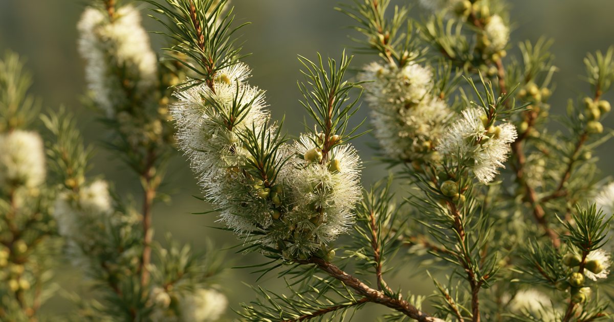 Rameaux de Melaleuca alternifolia en fleurs, feuilles fines en aiguilles et fleurs blanches en écouvillon, sur fond vert flou