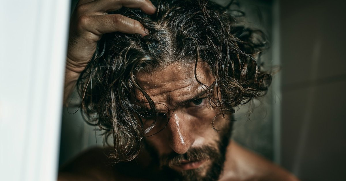 Homme passant la main dans ses cheveux mouillés, illustrant le choix entre traitement local et systémique
