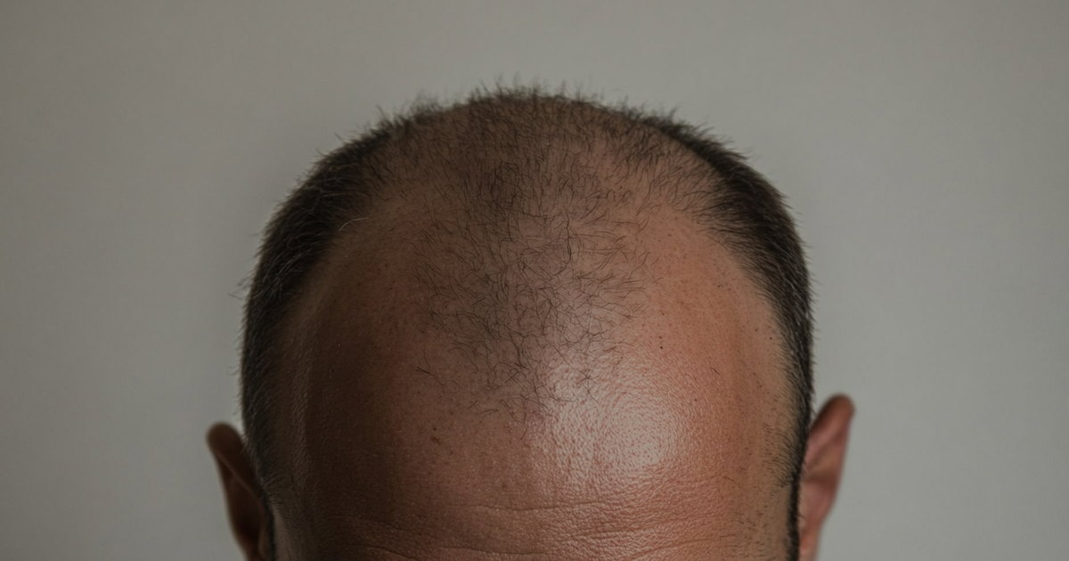 Vue de dessus du cuir chevelu d'un homme, montrant une raréfaction des cheveux au sommet du crâne