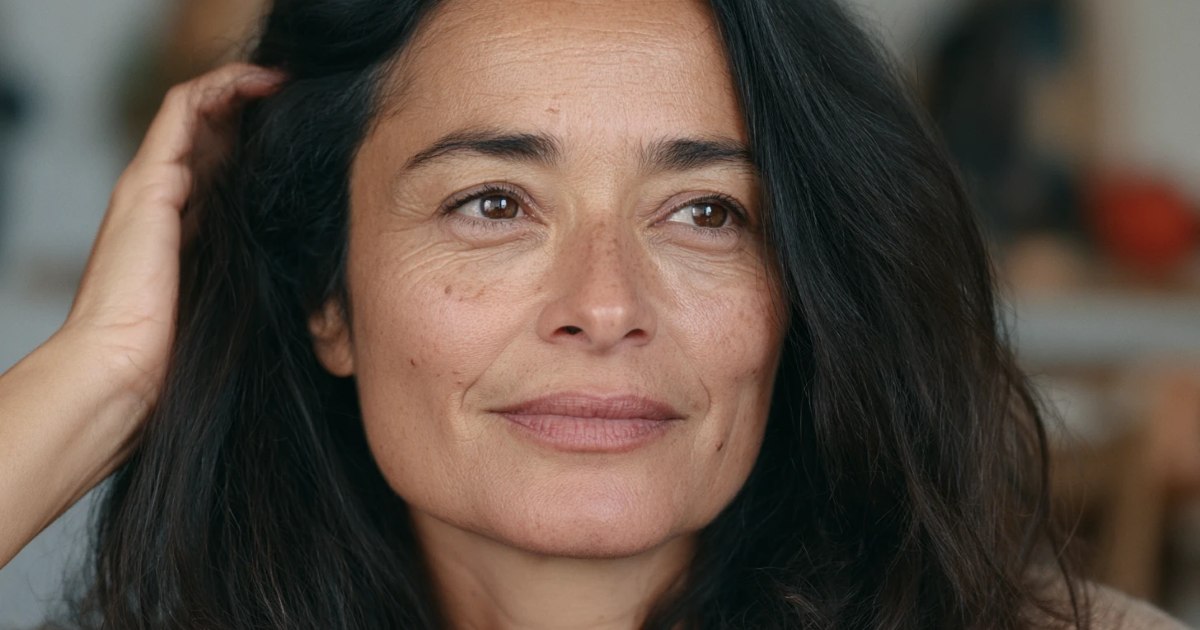 Femme aux cheveux bruns longs, une main relevant une mèche au-dessus de la tempe