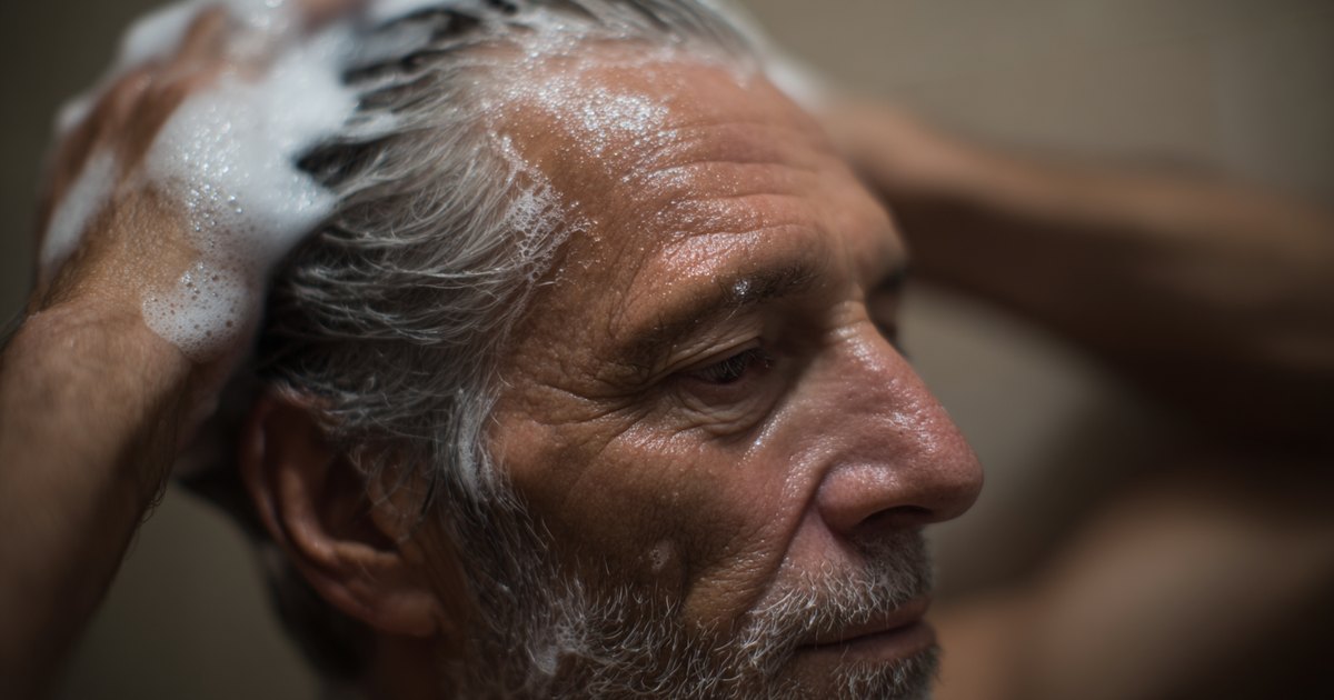 Homme d'une soixantaine d'années faisant mousser un shampooing sur son cuir chevelu, illustrant un soin antipelliculaire au zinc pyrithione