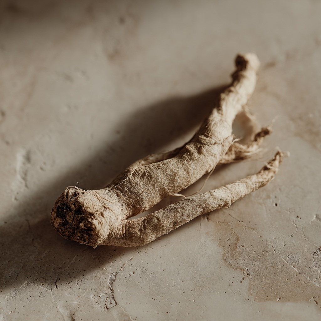 Racine d'ashwagandha séchée posée sur un fond neutre clair, Withania somnifera avec ses ramifications caractéristiques