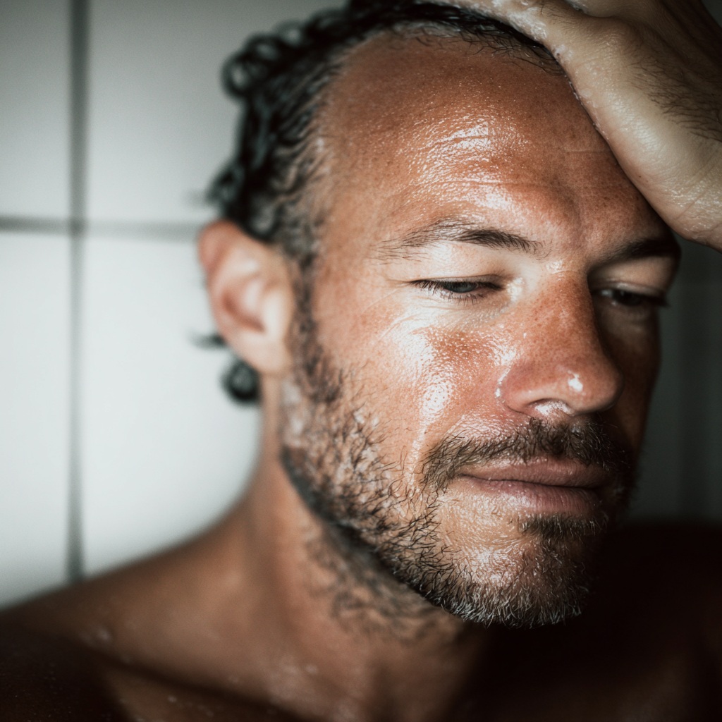 Homme aux tempes dégarnies et cheveux mouillés après la douche, regard baissé dans un moment d'intimité
