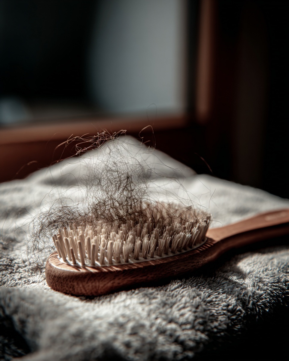 Brosse à cheveux en bois déposée sur une serviette, avec une poignée de cheveux tombés