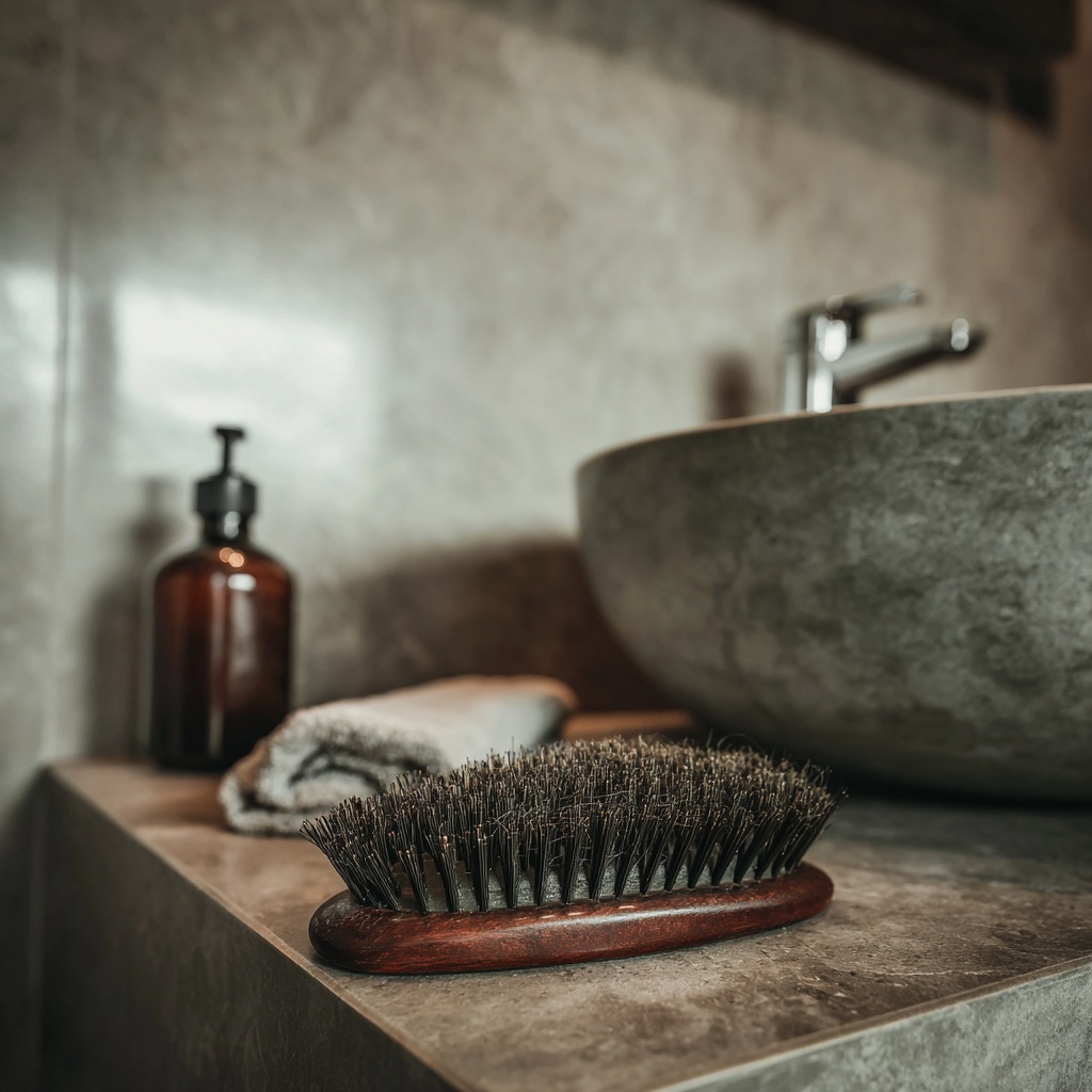 Brosse à cheveux en bois contenant des cheveux tombés, posée près d'un lavabo en pierre dans une salle de bain aux tons neutres