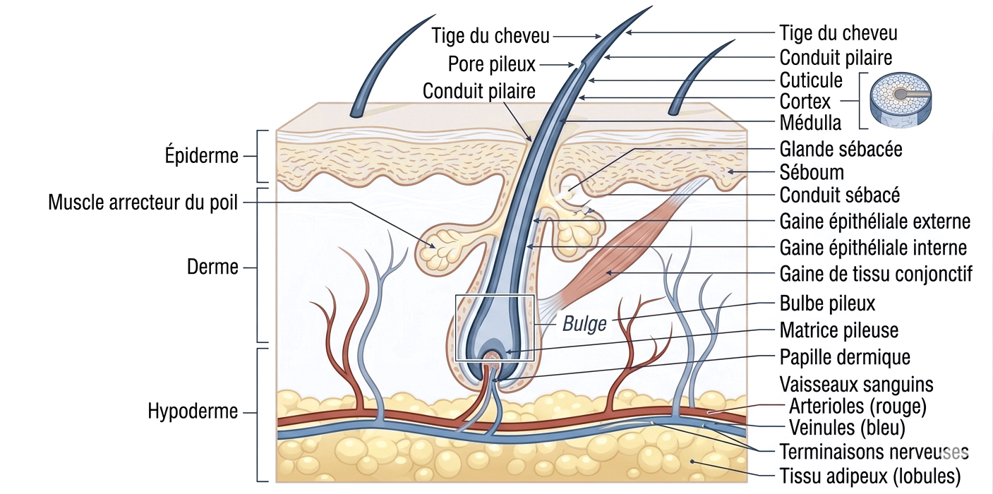Schéma annoté du follicule pileux humain en phase anagène — papille dermique, bulge, matrice, gaine, tige